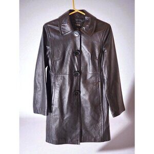 Colebrook Essentials Black Leather Snap Coat Women’s Small Long Trench Jacket